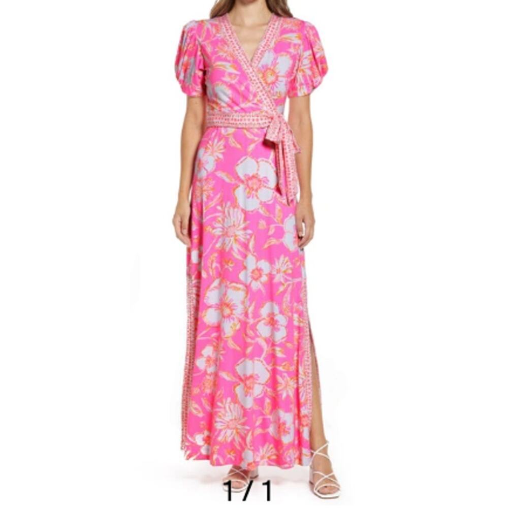 Lilly Pulitzer Sailynn Pink 2 Piece Wrap Maxi Dress Summer Beach Floral Vacation